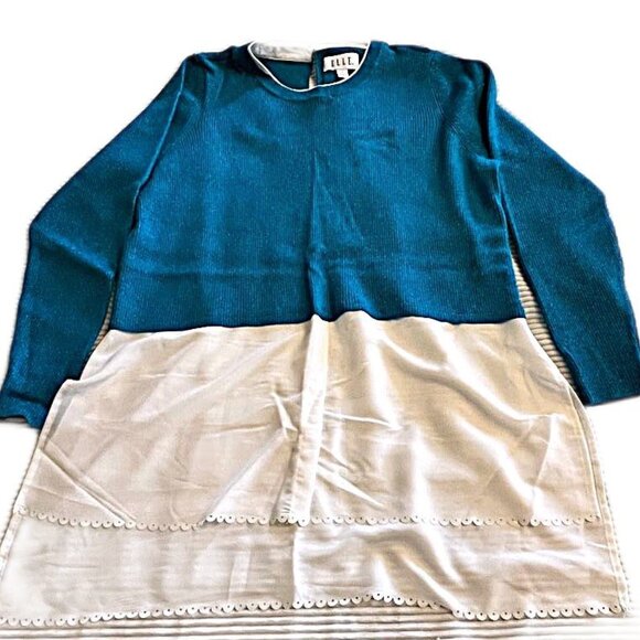 Women's Y2K Sparkling Teal Blue & Ivory tunic hi/low sweater shirt combo - Large - Picture 3 of 5
